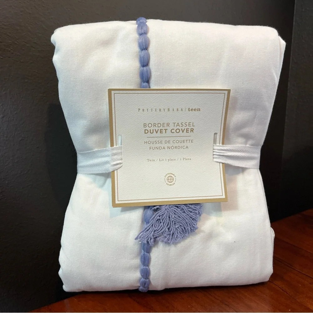 Pottery Barn Teen Kids Chambray Border Tassel Duvet Cover Twin White NWT $129